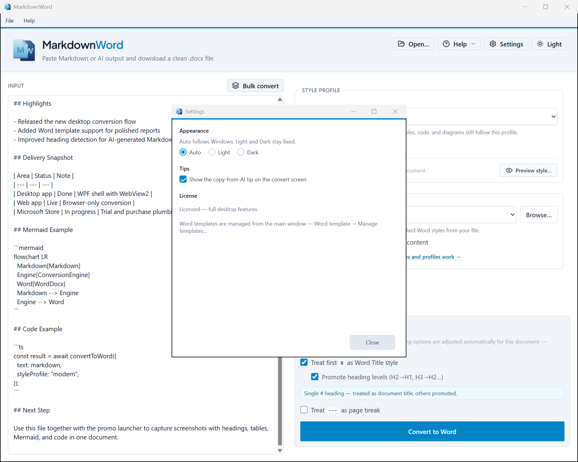 MarkdownWord settings — appearance and license