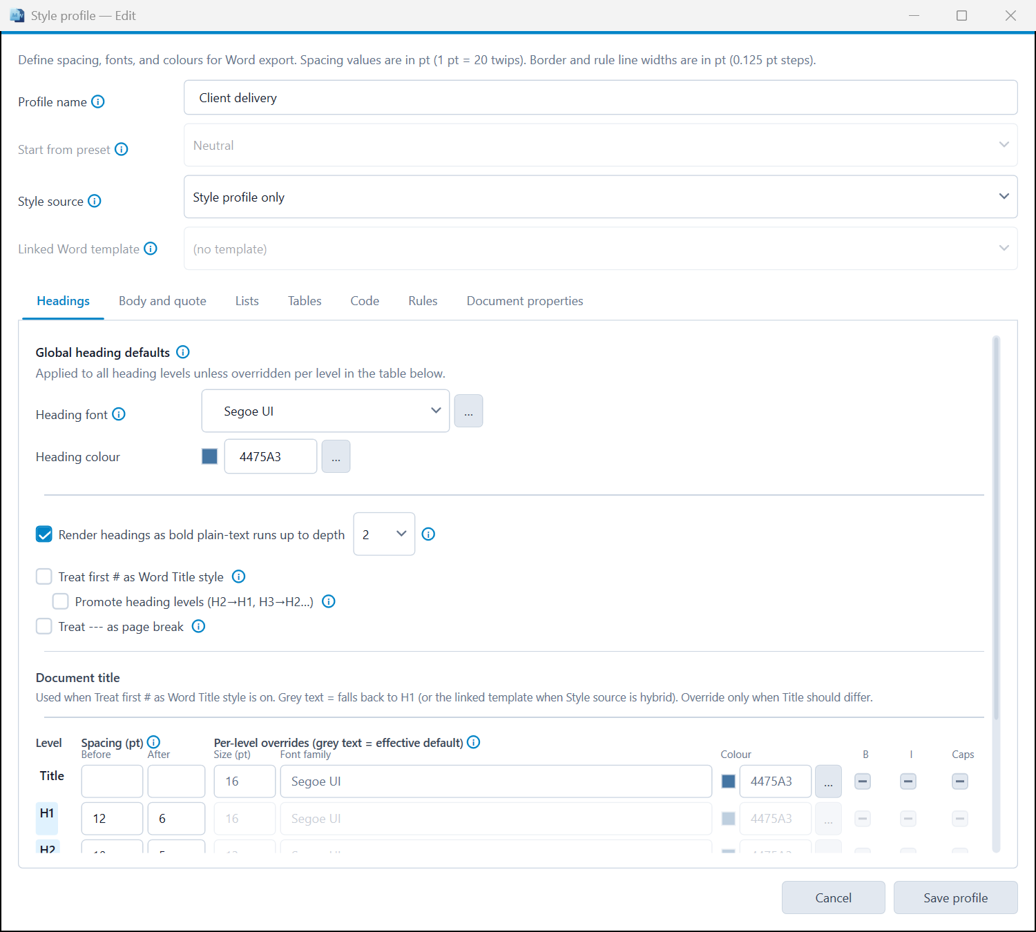 MarkdownWord style profile editor — heading fonts, colors, and spacing