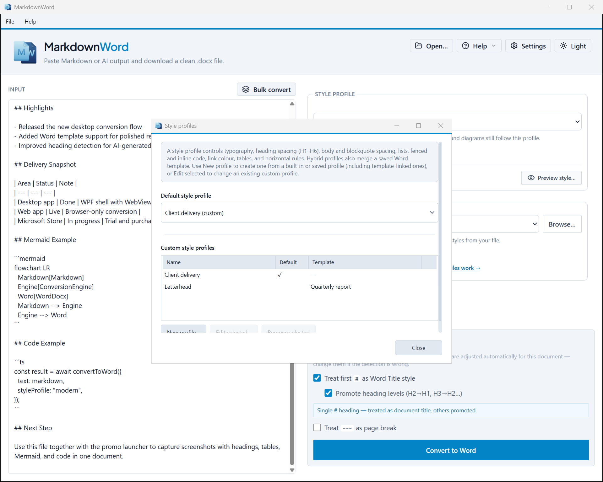 MarkdownWord style profiles dialog — built-in and custom profiles