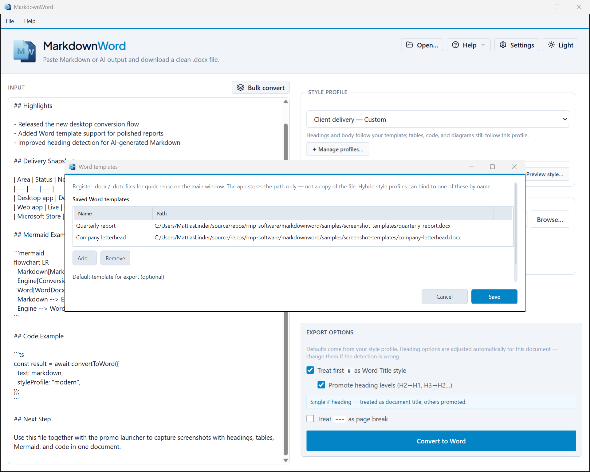 MarkdownWord Word templates dialog