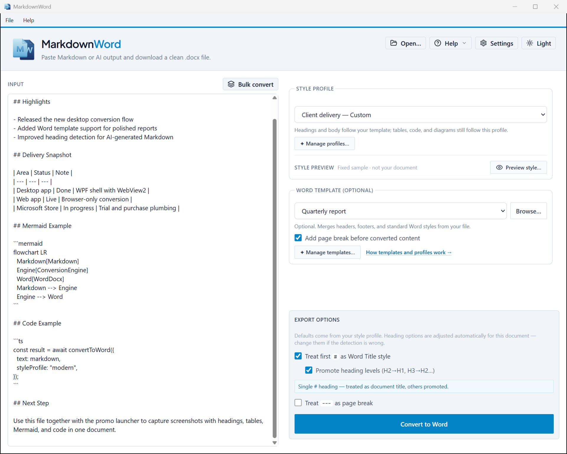 MarkdownWord desktop app — markdown input, style profile picker, and Word template options