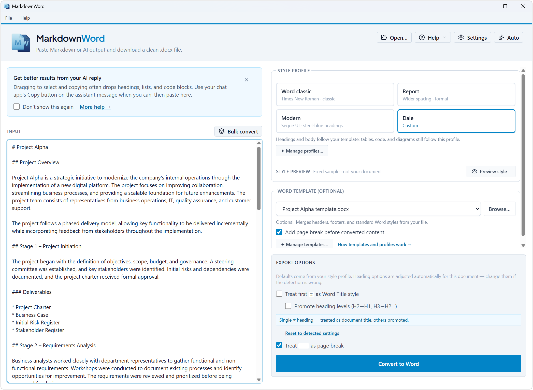 MarkdownWord app — markdown input converted to a styled Word document