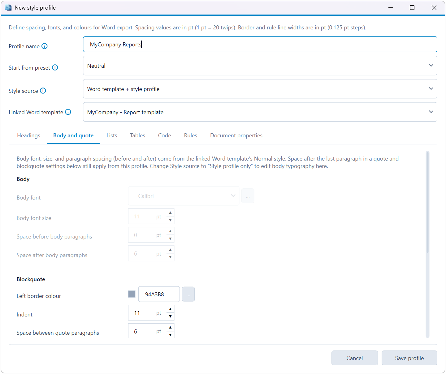 MarkdownWord style profiles panel